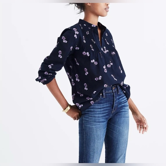 Madewell Tops - Madewell Floral Pintuck Long Sleeve Blouse Navy Pink Size S